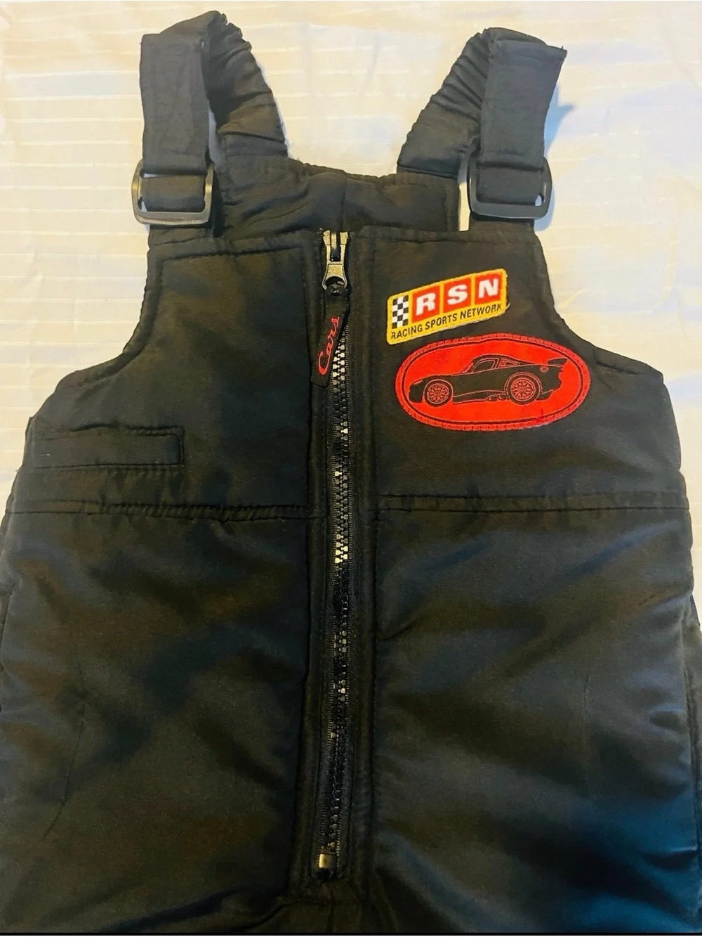 Disney Black Snow Overalls with Red Racing Patch 2T Adjustable to 3T Waterproof